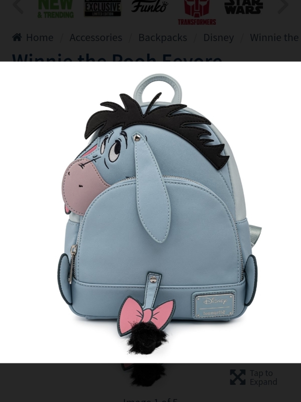 Loungefly Eeyore Character Mini Backpack in Light Blue with Pink Bow Charm - Picture 3 of 6